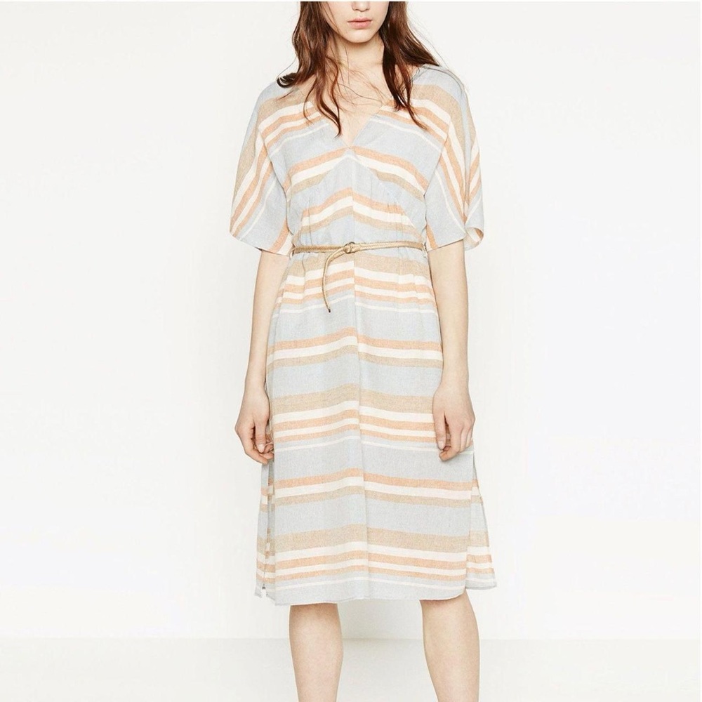 Zara M Dress Linen Striped V Neck Short Sleeves A Line Pullover Shift Midi